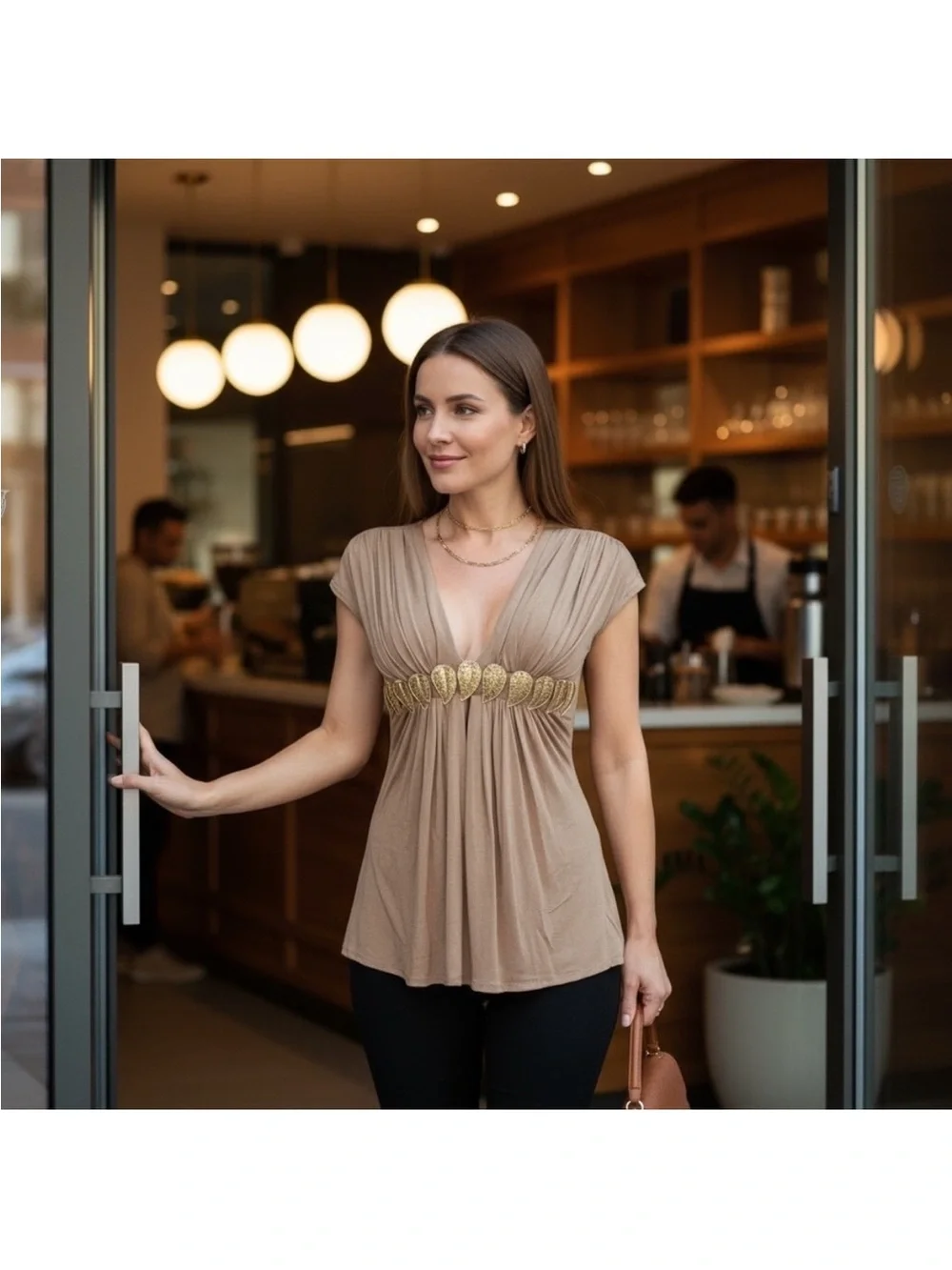 Sky Taupe V-Neck Empire Waist Top with Gold leaf Embellishment
